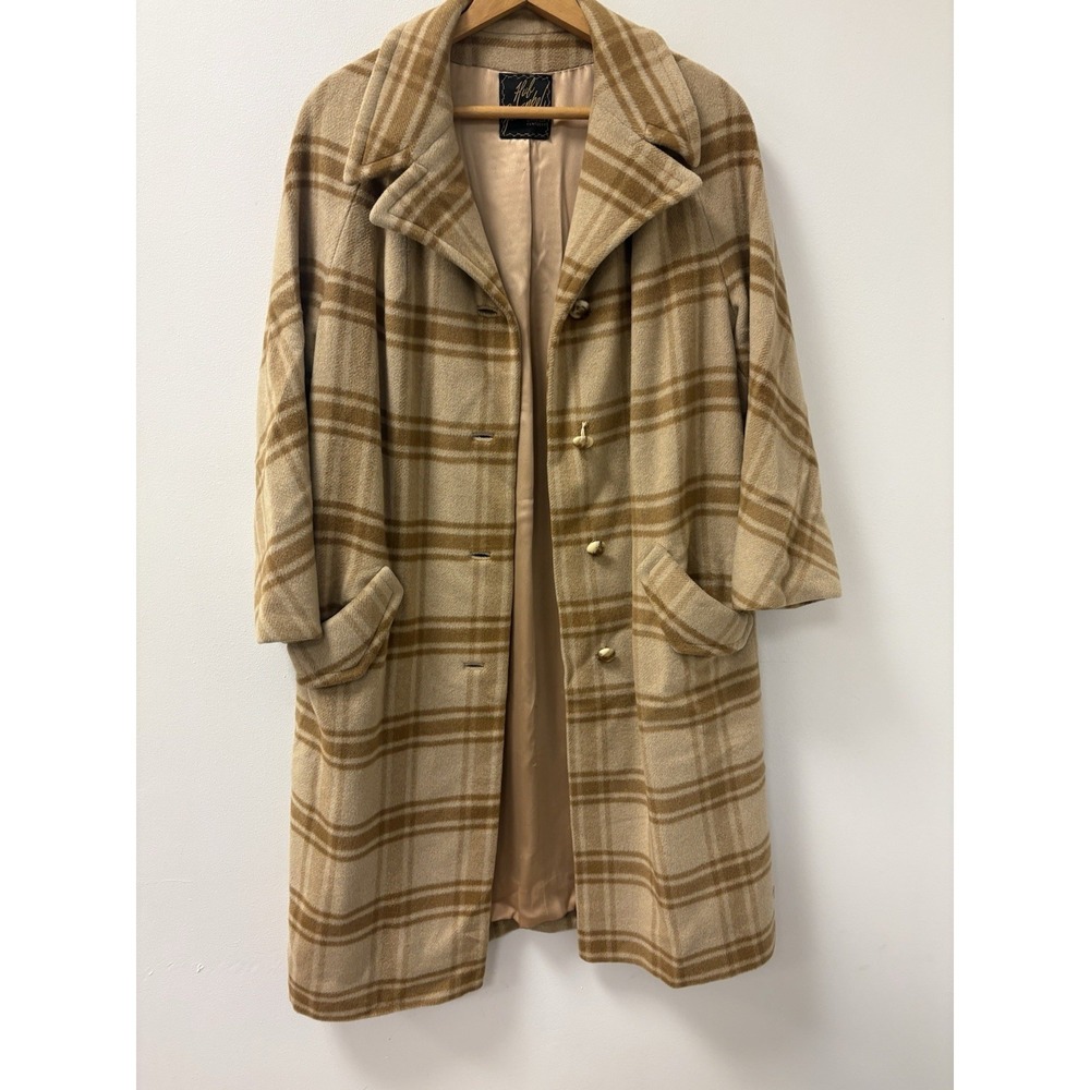 VTG Hub Frankel 100% Mongolian Cashmere Camel Checkered Coat Sz Med Beautiful